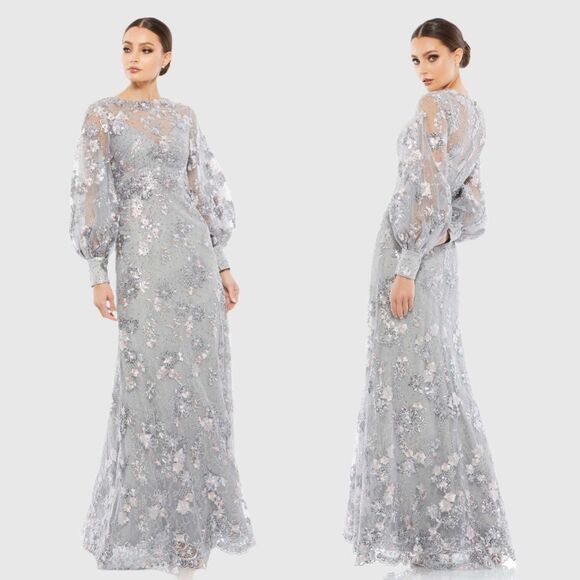 Mac Duggal 67936 Size 12 Bishop Sleeve Embroidered Mermaid Platinum Dress - Picture 12 of 12